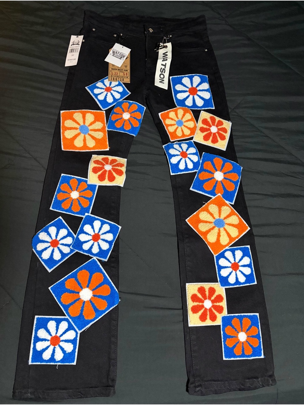 Watson Black Straight Jeans with Blue & Orange Floral Patchwork